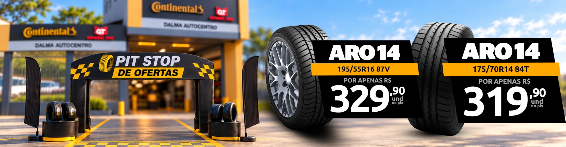 Pit Stop de Ofertas: aro 14 195/55R16 87V por R$ 329,90 e aro 14 175/70R14 84T por R$ 319,90 a unidade no Pix