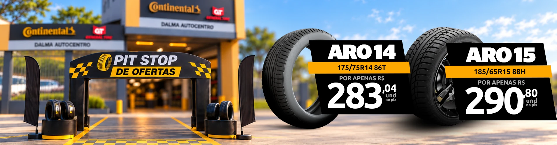 Pit Stop de Ofertas: aro 14 175/75R14 86T por R$ 283,04 e aro 15 185/65R15 88H por R$ 290,80 a unidade no Pix