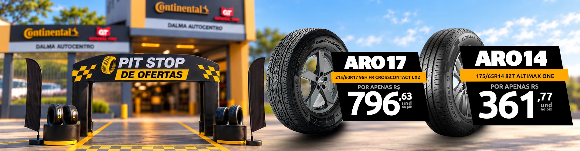 Pit Stop de Ofertas: aro 17 215/60R17 96H CrossContact LX2 por R$ 796,63 e aro 14 175/65R14 82T Altimax One por R$ 361,77 a unidade no Pix