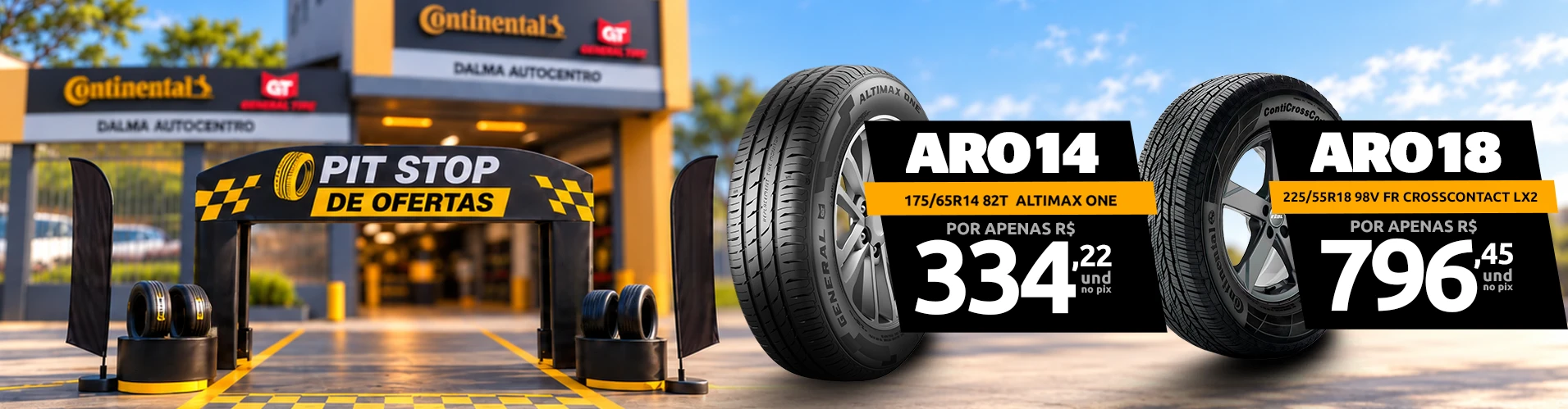 Pit Stop de Ofertas: aro 14 175/65R14 82T Altimax One por R$ 334,22 e aro 18 225/55R18 98V CrossContact LX2 por R$ 796,45 a unidade no Pix